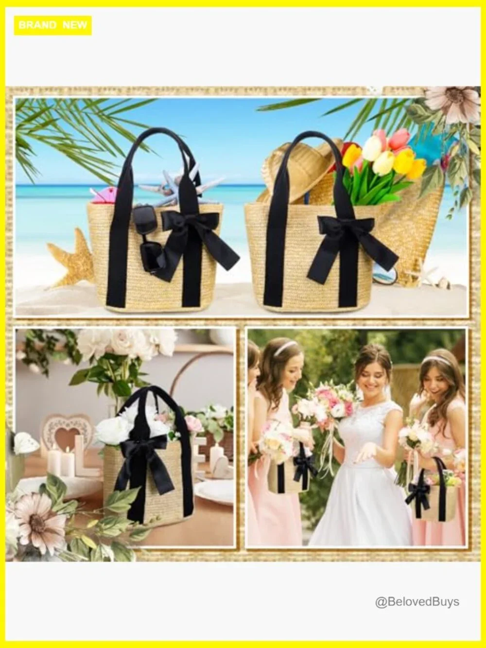 Set of 6 Woven Tote Bags with Handles Reusable Beach Bags for Bachelorette Party